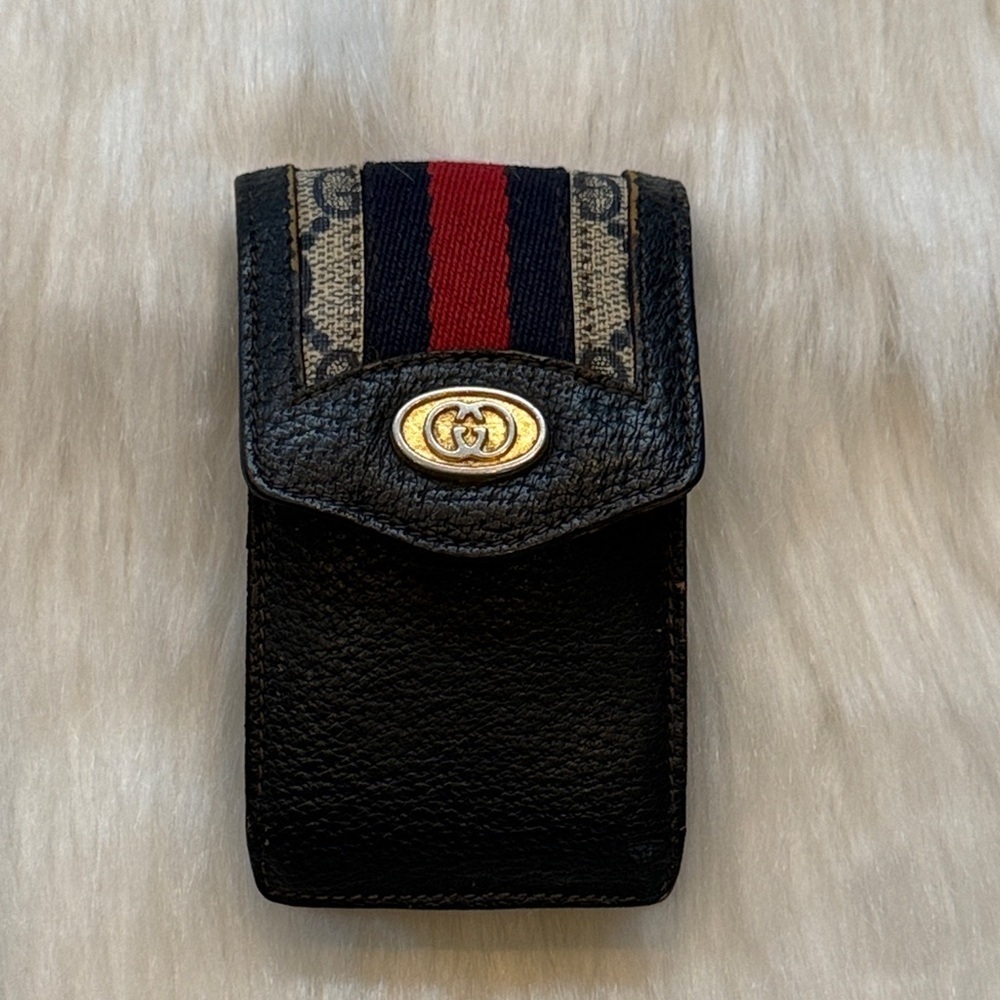 Gucci 100% Authentic Black Leather Case with Red and Blue Stripe​​​